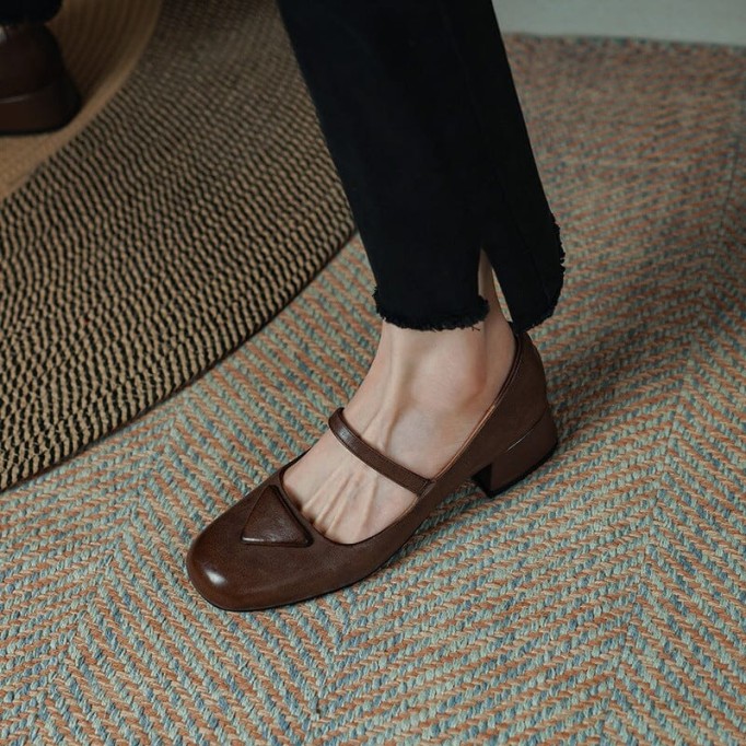 Handmade Leather Pumps Mary Jane Heels Sandals Womens Round Toe in Black/Coffee