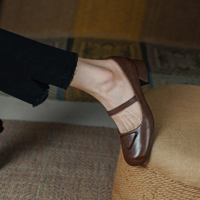 Handmade Leather Pumps Mary Jane Heels Sandals Womens Round Toe in Black/Coffee