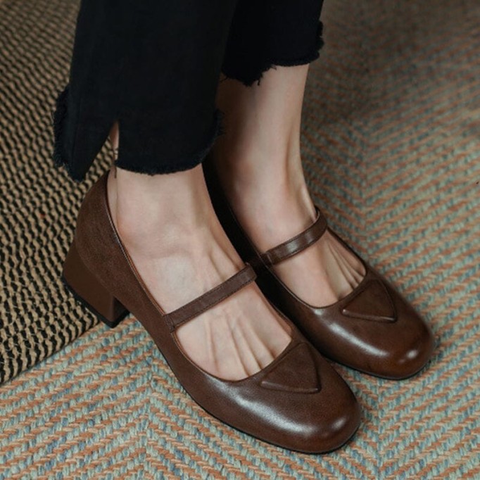 Handmade Leather Pumps Mary Jane Heels Sandals Womens Round Toe in Black/Coffee