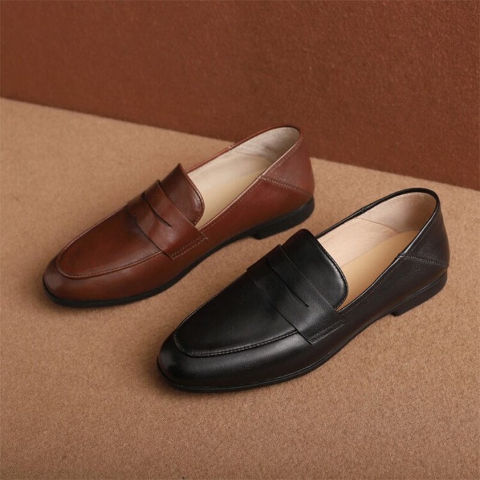 Round Toe Soft Leather Penny Loafers for Women in Coffee/Black