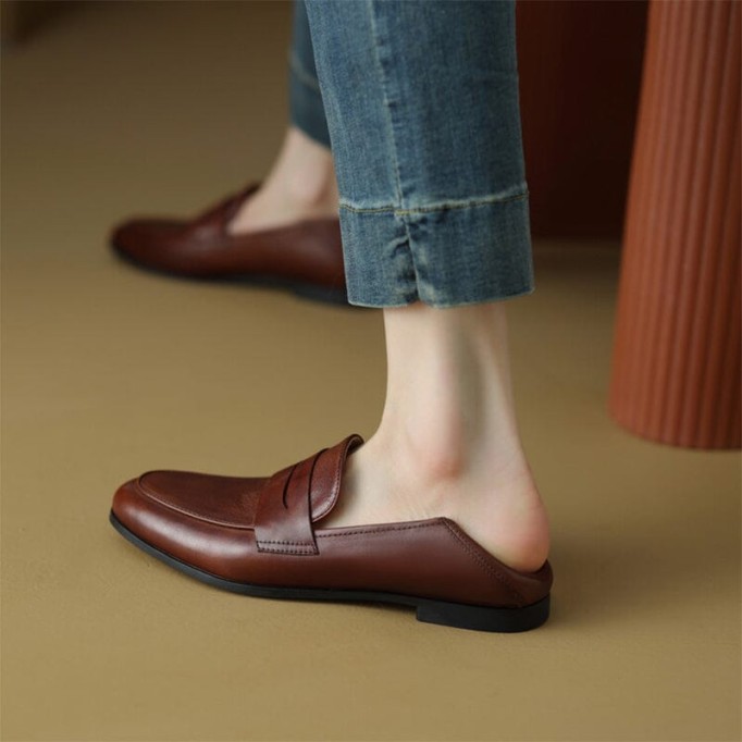 Round Toe Soft Leather Penny Loafers for Women in Coffee/Black