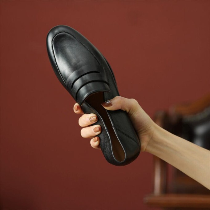 Round Toe Soft Leather Penny Loafers for Women in Coffee/Black