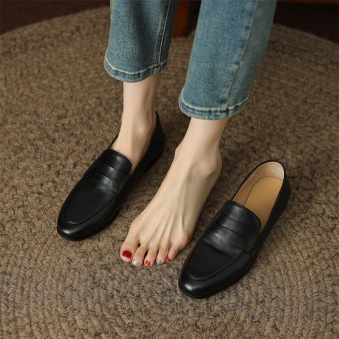 Round Toe Soft Leather Penny Loafers for Women in Coffee/Black