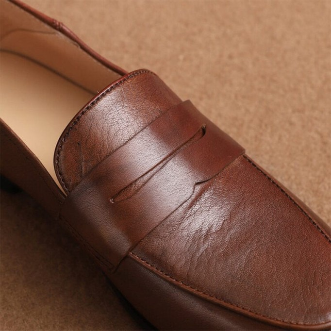 Round Toe Soft Leather Penny Loafers for Women in Coffee/Black