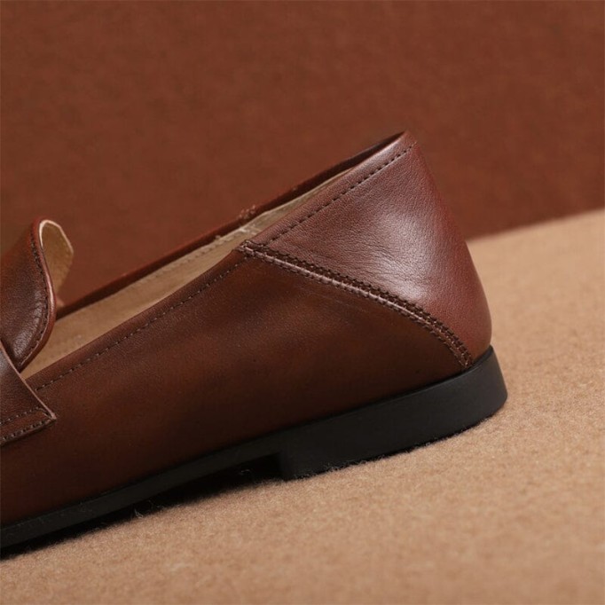Round Toe Soft Leather Penny Loafers for Women in Coffee/Black