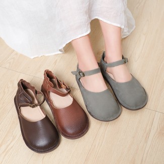 Middle English -Handmade Leather Flat Mary Jane Shoes For Womens Round Toe Retro Sandals Brown/Grey/Coffee