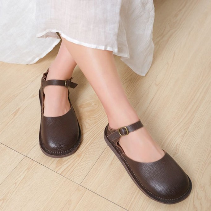 Middle English -Handmade Leather Flat Mary Jane Shoes For Womens Round Toe Retro Sandals Brown/Grey/Coffee