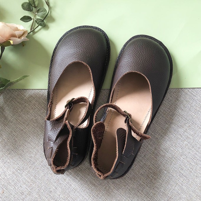 Middle English -Handmade Leather Flat Mary Jane Shoes For Womens Round Toe Retro Sandals Brown/Grey/Coffee
