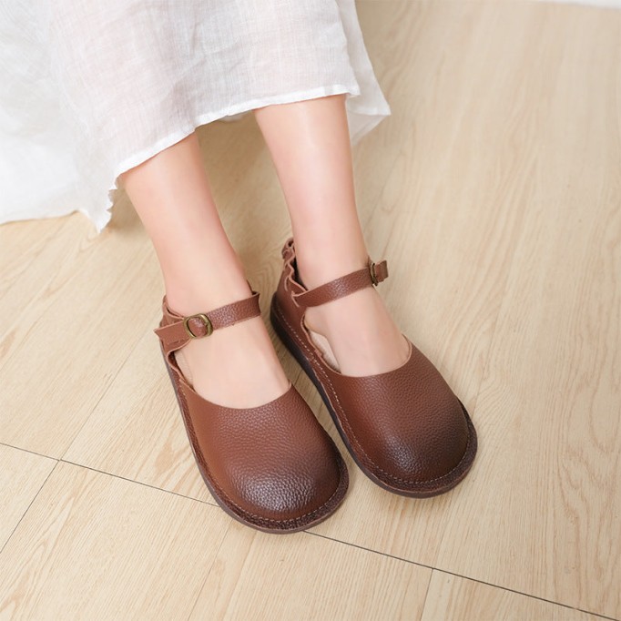 Middle English -Handmade Leather Flat Mary Jane Shoes For Womens Round Toe Retro Sandals Brown/Grey/Coffee