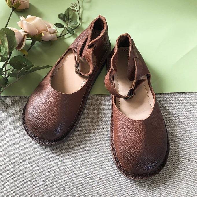 Middle English -Handmade Leather Flat Mary Jane Shoes For Womens Round Toe Retro Sandals Brown/Grey/Coffee