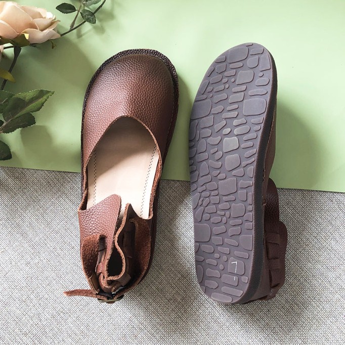 Middle English -Handmade Leather Flat Mary Jane Shoes For Womens Round Toe Retro Sandals Brown/Grey/Coffee