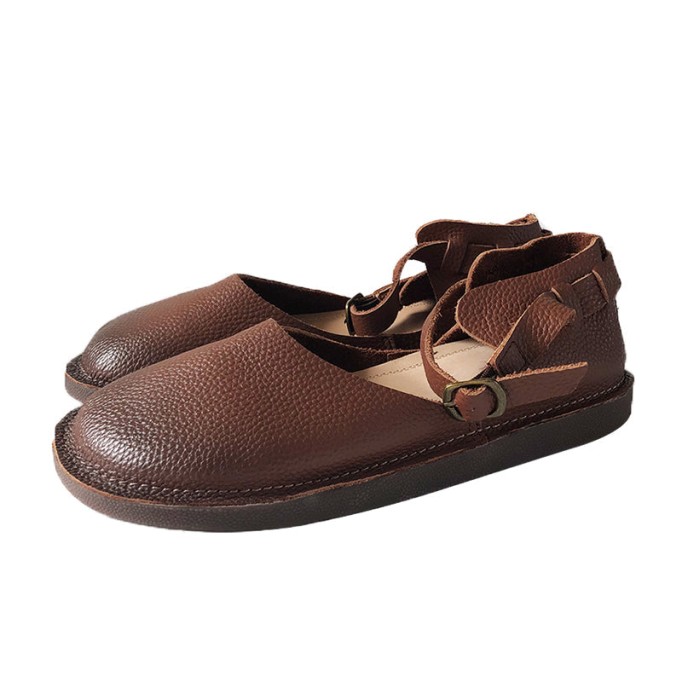 Middle English -Handmade Leather Flat Mary Jane Shoes For Womens Round Toe Retro Sandals Brown/Grey/Coffee