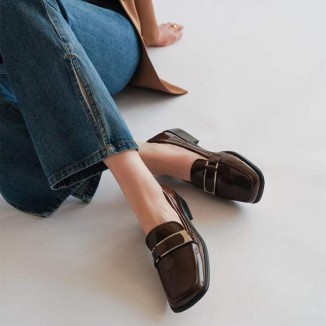 Retro Soft Leather Penny Loafers for Women Square Toe in Brown/Black