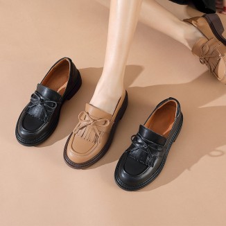 Classic Leather Tassel Loafers For Women Soft Slip-On Chunky Loafers In Black/Camel