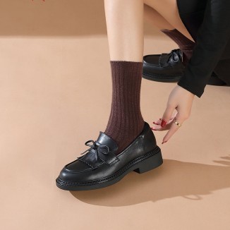 Classic Leather Tassel Loafers For Women Soft Slip-On Chunky Loafers In Black/Camel