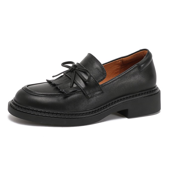 Classic Leather Tassel Loafers For Women Soft Slip-On Chunky Loafers In Black/Camel