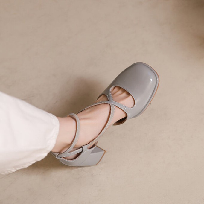 Handmade Leather Pumps Mid Heel Mary Jane Sandals Womens Round Toe Retro Sandals Black/Grey/Apricot