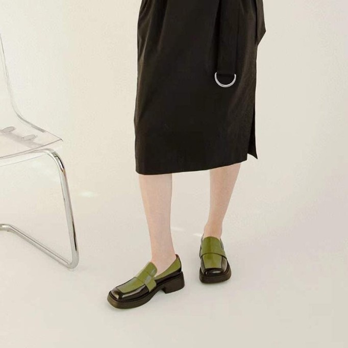 Square Toe Leather Penny Loafers for Women Color Blocking in Green/Brown/White