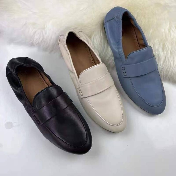 Soft Leather Penny Loafers for Women in Dusty Blue/Black/White