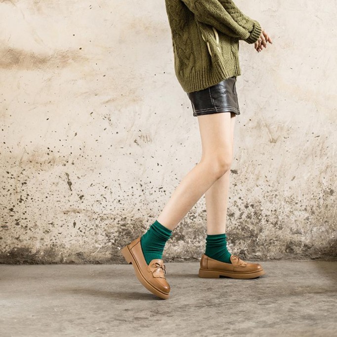 Womens Handmade Sheepskin Brogue Loafers With Tassels Brown/Black