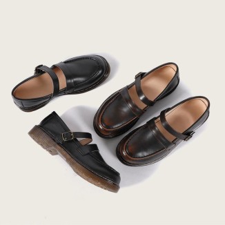 Women Handmade Leather Mary Jane Shoes Black/Brown