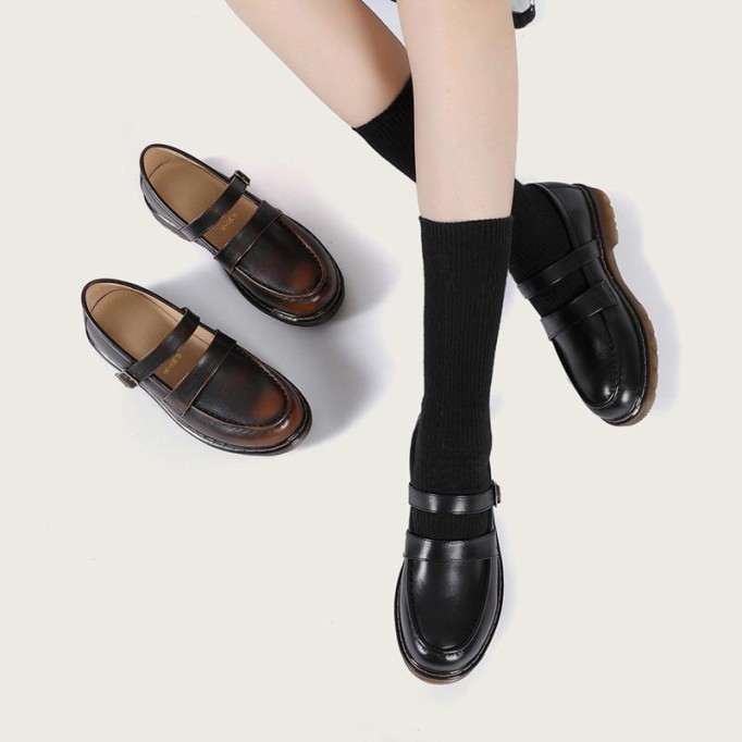 Women Handmade Leather Mary Jane Shoes Black/Brown