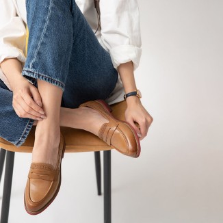 Handmade Women'S Genuine Leather Penny Loafer Brogues In Black/Brown