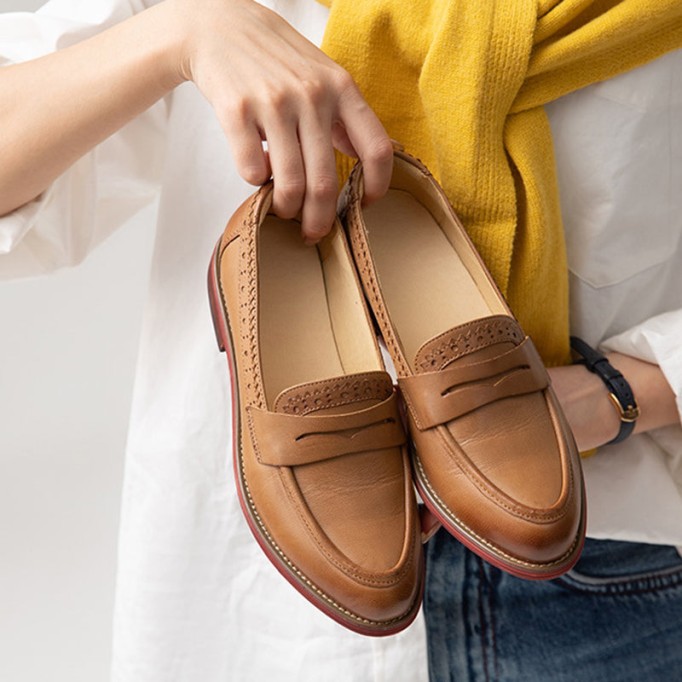 Handmade Women'S Genuine Leather Penny Loafer Brogues In Black/Brown