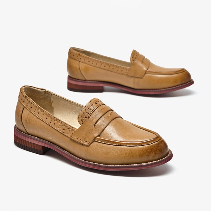 Handmade Women'S Genuine Leather Penny Loafer Brogues In Black/Brown