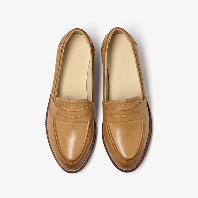 Handmade Women'S Genuine Leather Penny Loafer Brogues In Black/Brown