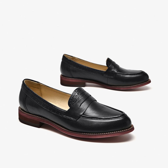 Handmade Women'S Genuine Leather Penny Loafer Brogues In Black/Brown