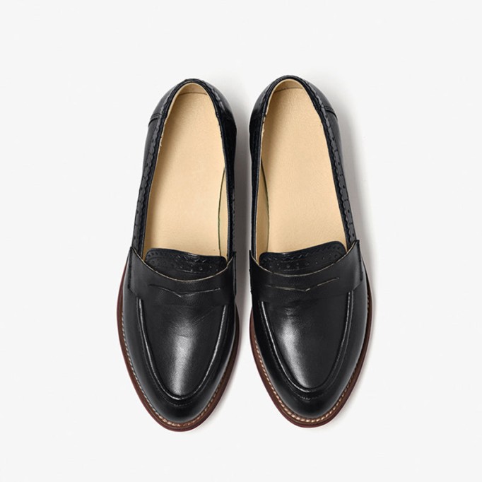 Handmade Women'S Genuine Leather Penny Loafer Brogues In Black/Brown