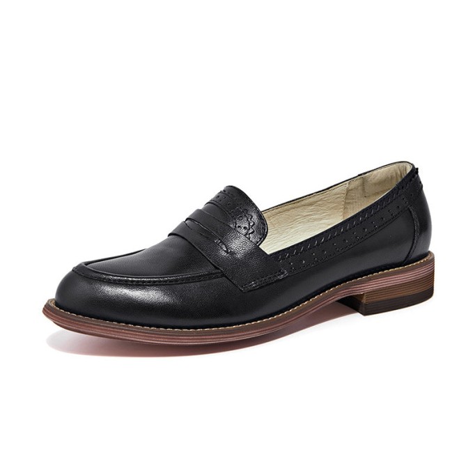 Handmade Women'S Genuine Leather Penny Loafer Brogues In Black/Brown