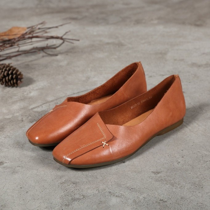 Handmade Retro Soft Leather Loafers Designers Flats For Women Brown/Gray Slip Ons