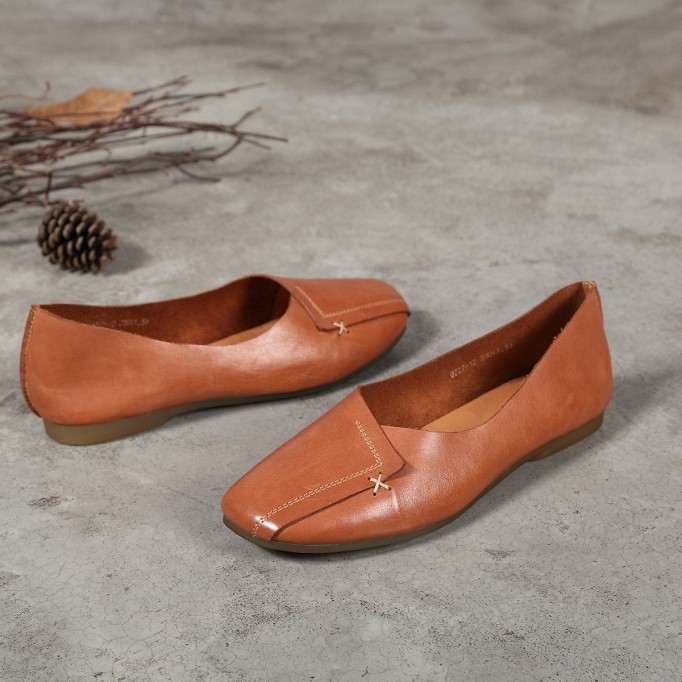 Handmade Retro Soft Leather Loafers Designers Flats For Women Brown/Gray Slip Ons