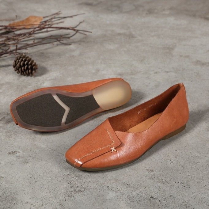 Handmade Retro Soft Leather Loafers Designers Flats For Women Brown/Gray Slip Ons