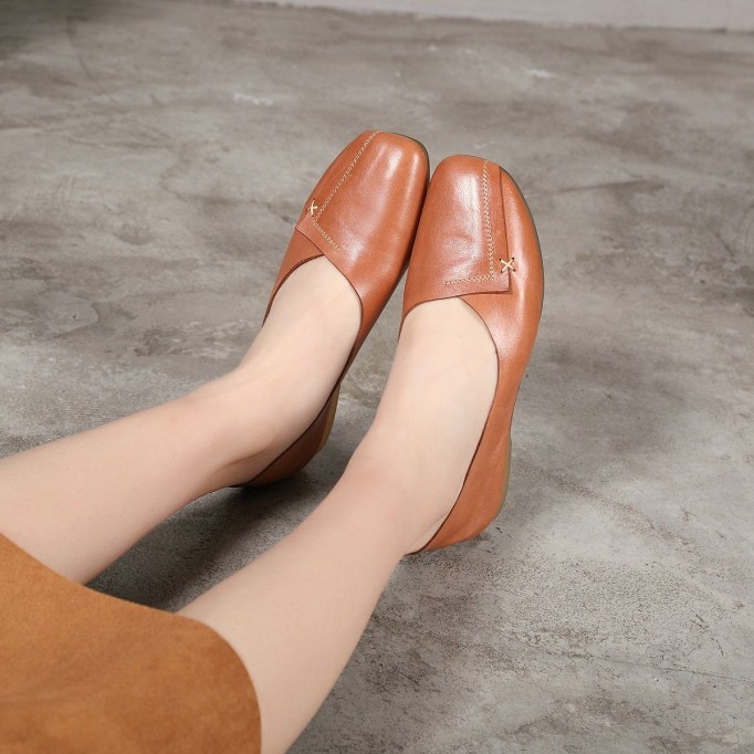 Handmade Retro Soft Leather Loafers Designers Flats For Women Brown/Gray Slip Ons