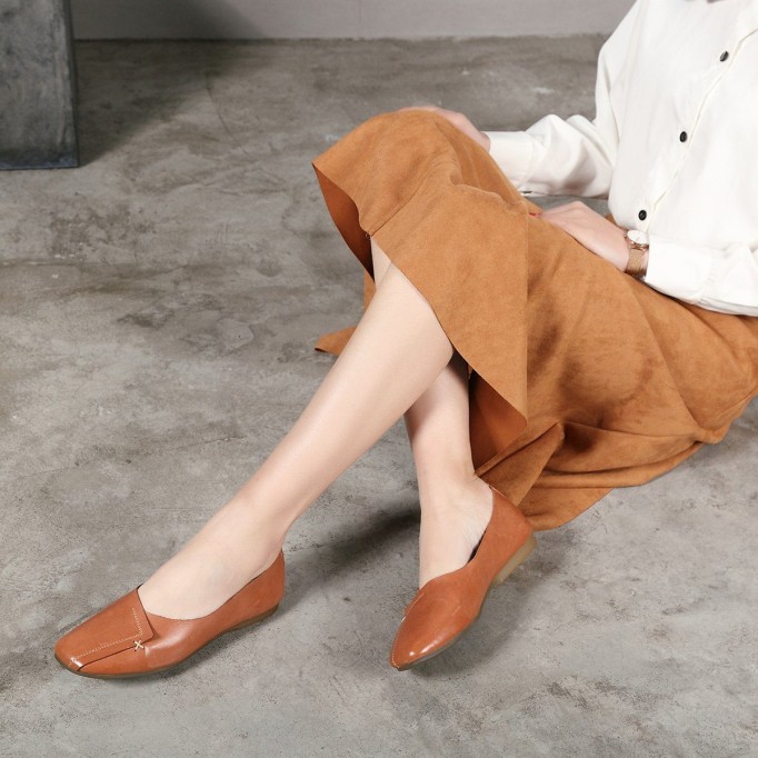 Handmade Retro Soft Leather Loafers Designers Flats For Women Brown/Gray Slip Ons