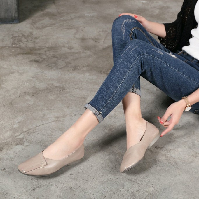 Handmade Retro Soft Leather Loafers Designers Flats For Women Brown/Gray Slip Ons