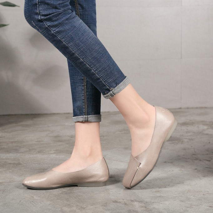 Handmade Retro Soft Leather Loafers Designers Flats For Women Brown/Gray Slip Ons