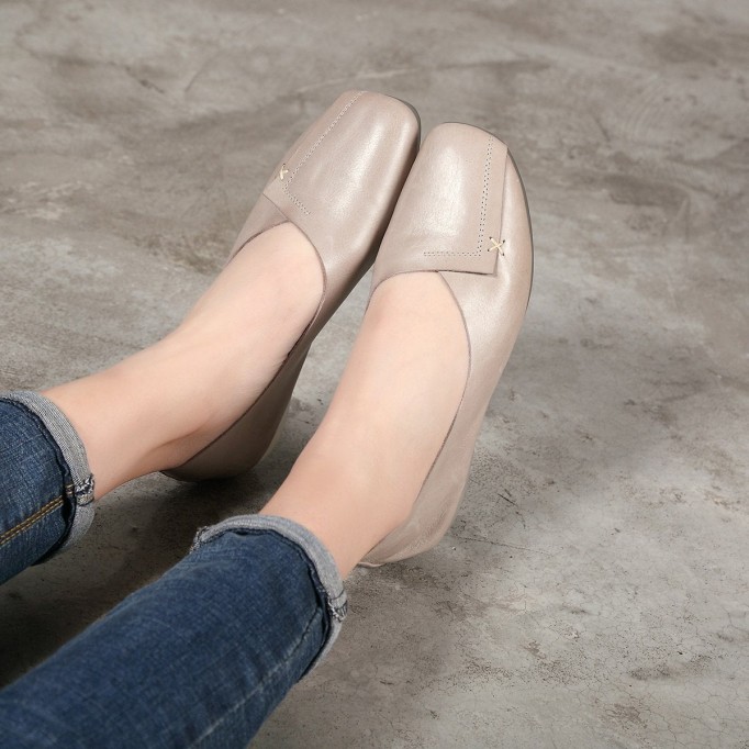 Handmade Retro Soft Leather Loafers Designers Flats For Women Brown/Gray Slip Ons