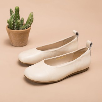 Soft Leather Flat Slip on Loafers for Women Handmade White/Deep Apricot