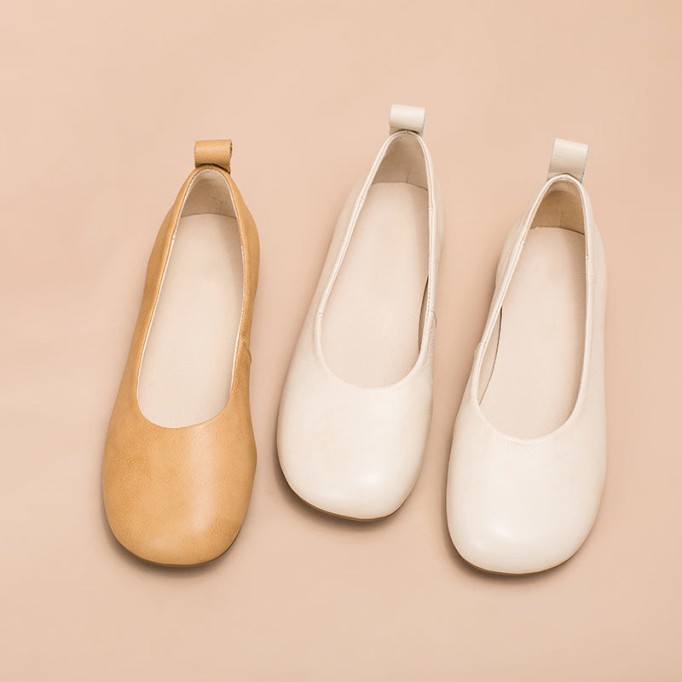 Soft Leather Flat Slip on Loafers for Women Handmade White/Deep Apricot