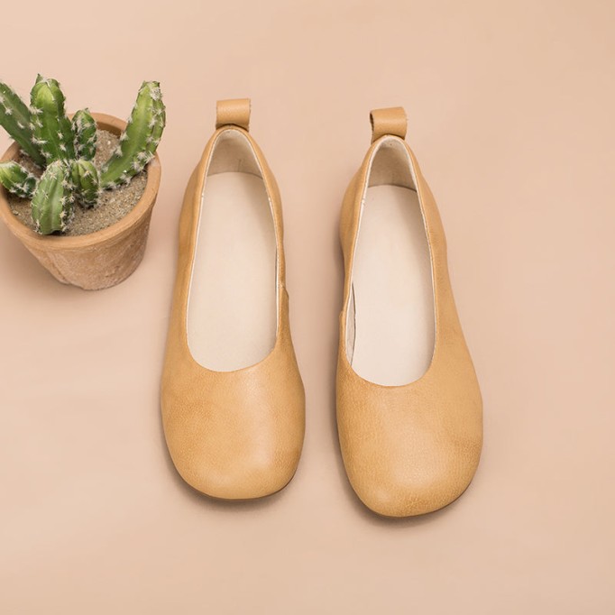 Soft Leather Flat Slip on Loafers for Women Handmade White/Deep Apricot