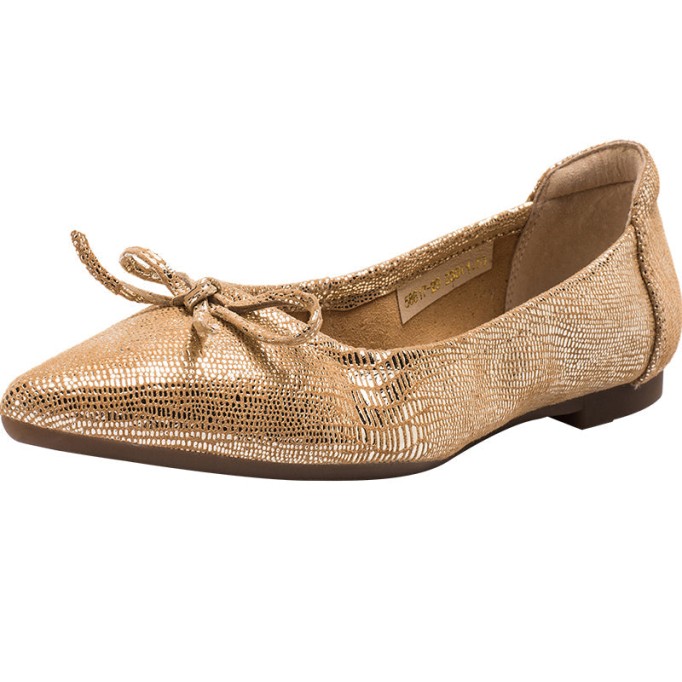 Bow-Detail Pointed-Toe Ballerina Shoes Gold/Silver/Black