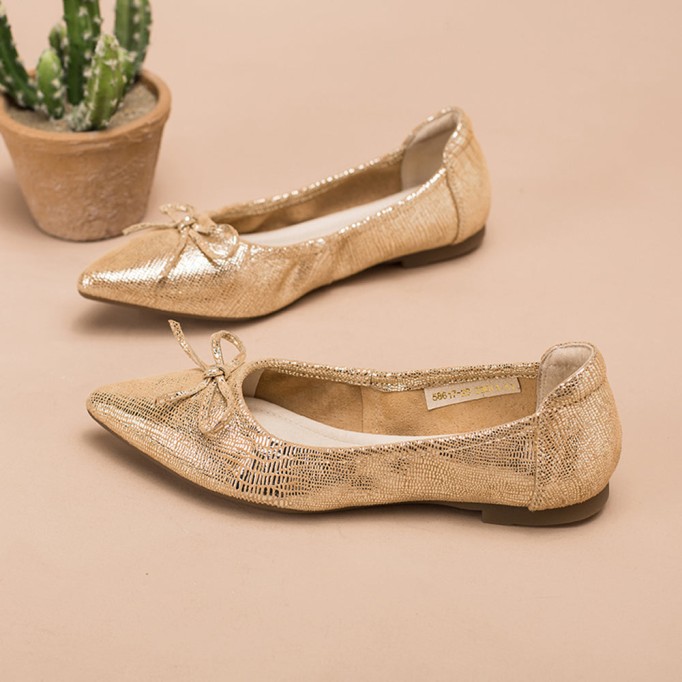 Bow-Detail Pointed-Toe Ballerina Shoes Gold/Silver/Black