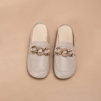 Retro Chain buckle-Detailed Leather Loafer Mules for Women Backless Loafers in Pink/Grey