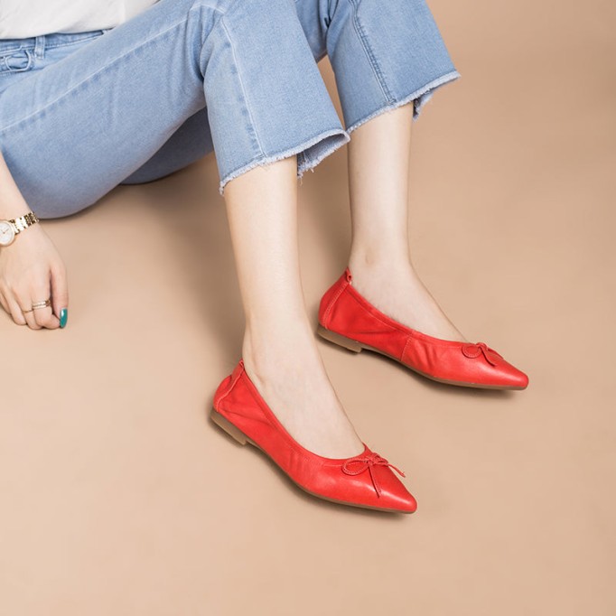 Sheepskin Point Toe Ballet Flats For Women Yellow/Deep Green/Coffee/Red/Pink/Grey/Red Brown/Green/Deep Apricot/