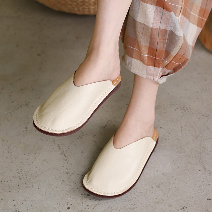 Leather Mules Summer Slippers Handmade Beige/Black/Brown/Red/Coffee
