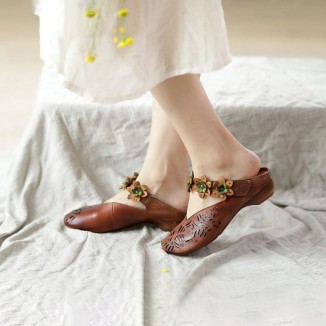 Retro Leather Slide Sandals Summer Slippers Handmade Mules Flowers Coffee/Purple